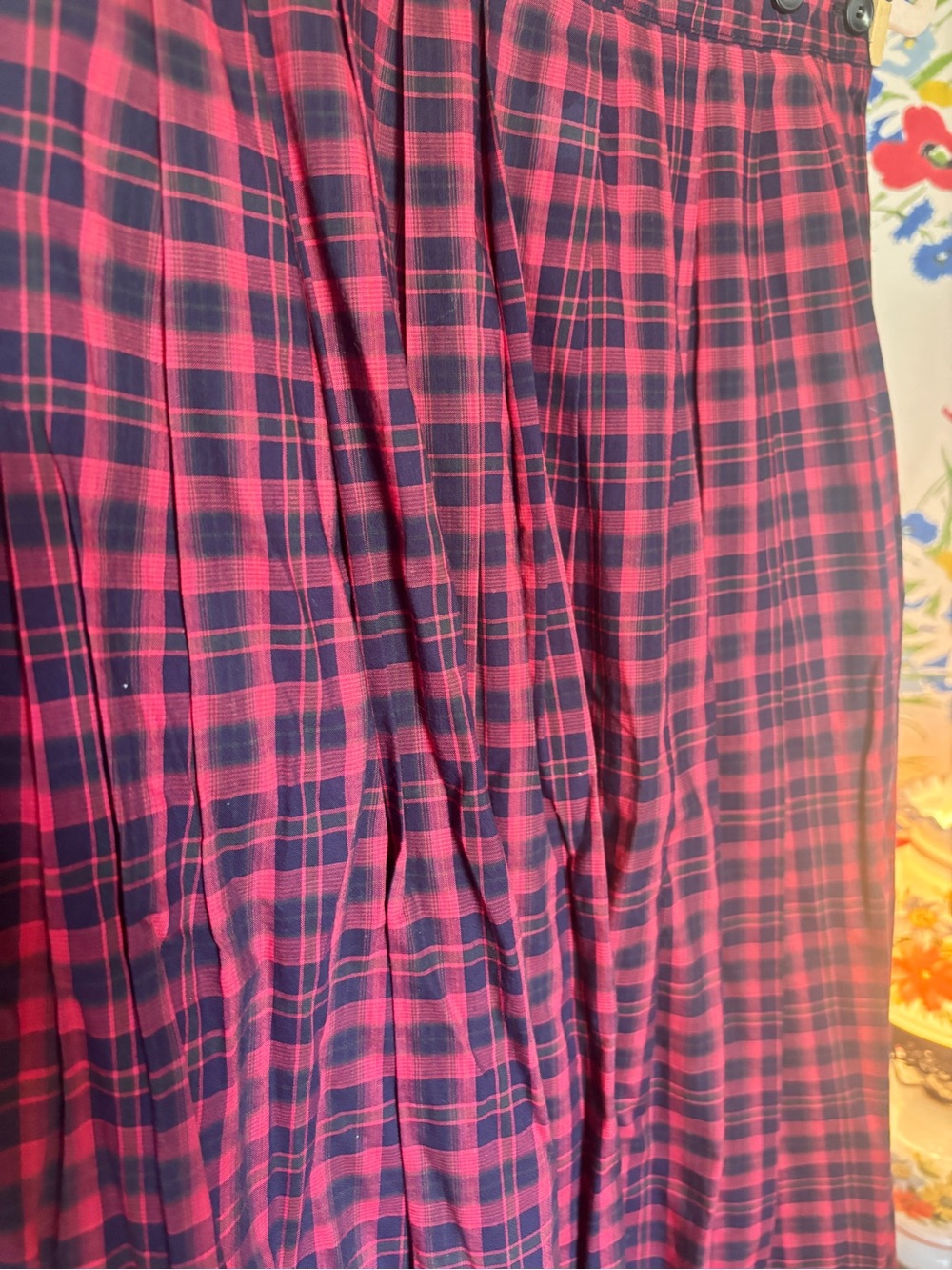 vintage lands’ end red navy plaid pleated midi skirt | tartan preppy academia - Picture 3 of 7